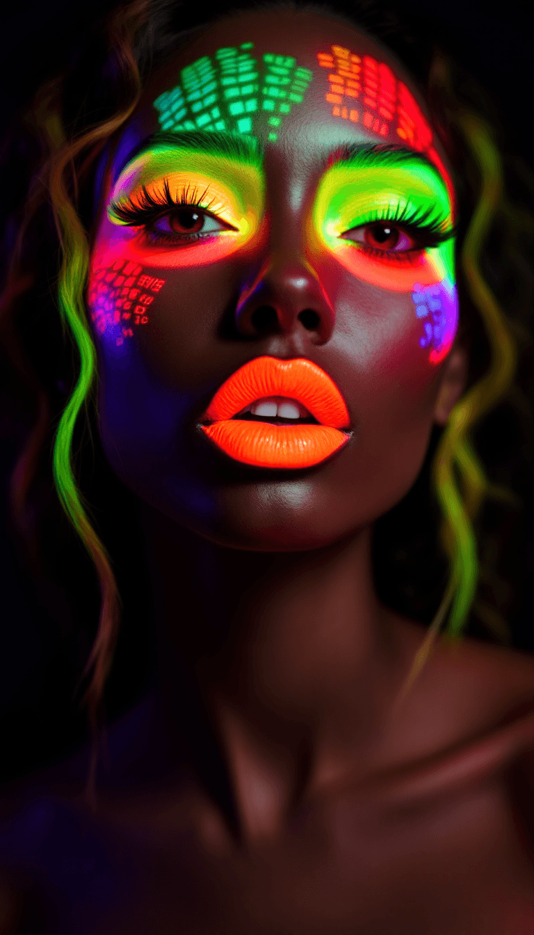 AI generated: A vibrant and attention-grabbing look using bright neon colors on the eyes, lips, or cheeks to creat...