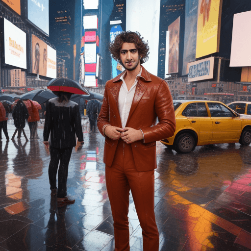 AI generated: A handsome Mediterranean man, standing confidently, on rainy Times Square, messy medium hair, perfec...