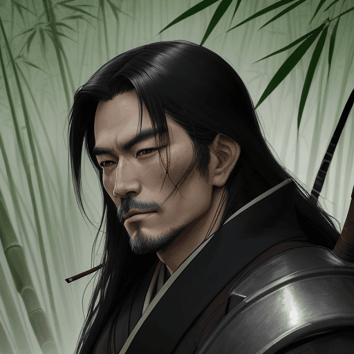 AI generated: A photo portrait of a wandering Japanese Ronin, resting in the clearing of a bamboo thicket, resting...