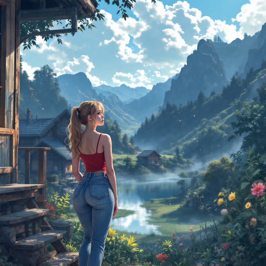 AI generated:  girl,thick thighs, looking at viewer, :D, solo, (red tank top, jeans:1) , idol pose, (realistic:1. ...