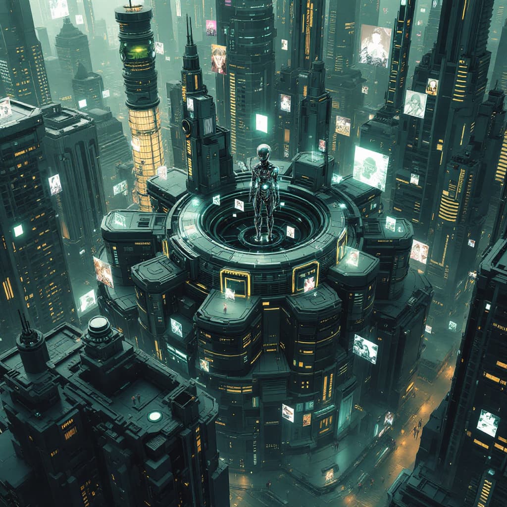 AI generated: Detailed cyberpunk cityscape, multi-level urban structures and buildings, a dark olive green futuris...