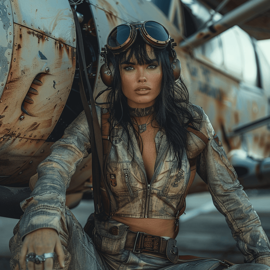 AI generated: a full body portrait of a cute female pilot with black hair and a pixie cut wearing old fashioned fl...
