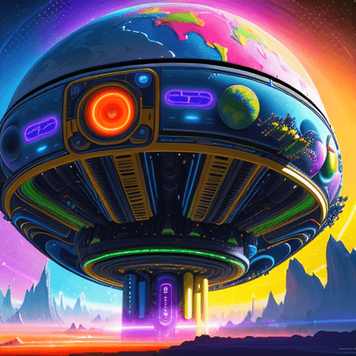 AI generated: A vibrant, colorful world of the future, where mankind, aliens, and AI live in peace and joy. Highly...