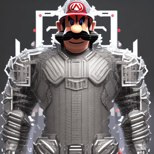 AI generated: full body portrait of Mario from Super Mario Bros, clad in intricate details cybernatic armor suit, ...