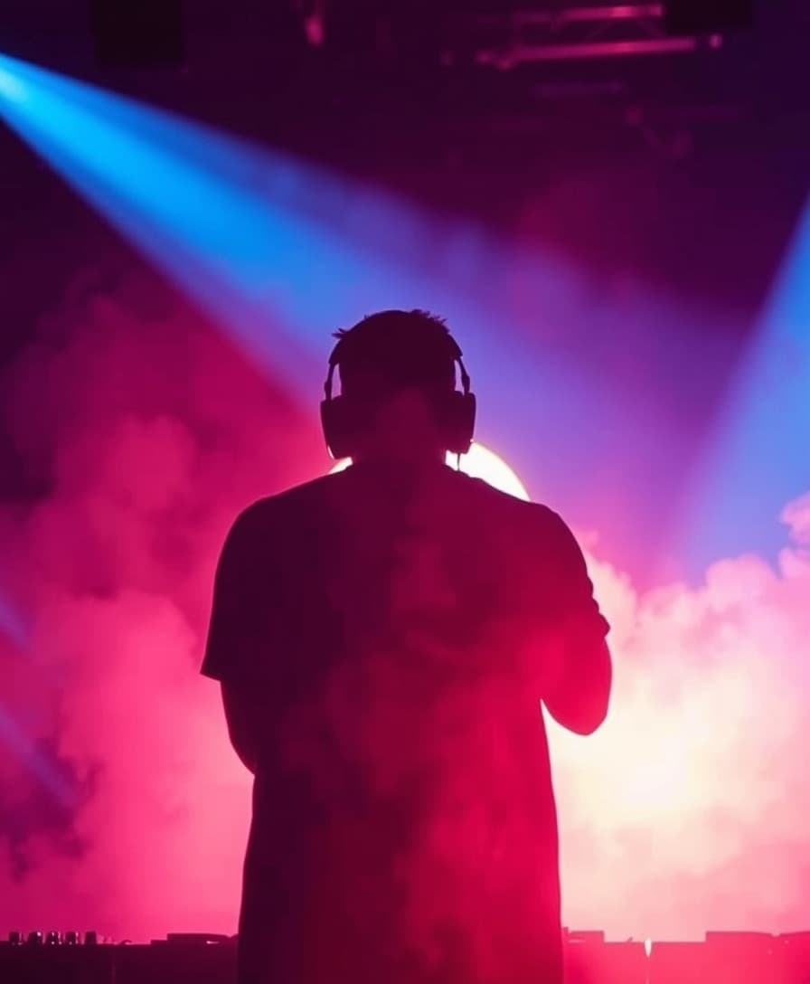 AI generated: creative silhouette photo of a DJ on stage facing the camera, it's at night, loads of smoke around h...