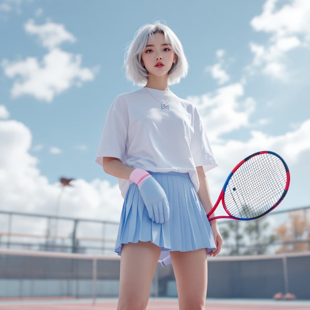 AI generated: Highest quality, perfect masterpiece, perfect art, 8K, (young and energetic girl, tennis, wearing pi...