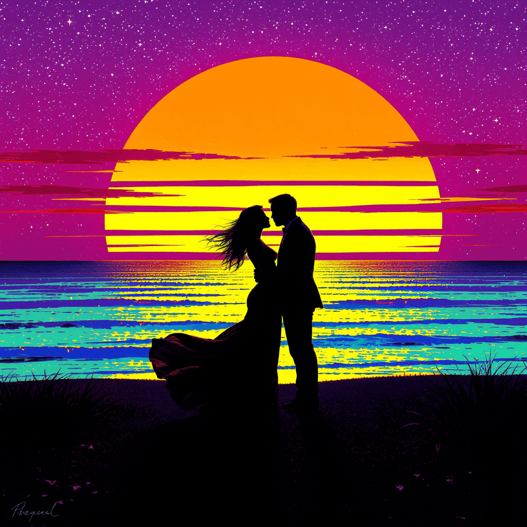 AI generated: The black silhouette of a romantic couple kissing on the horizon of a psychedelic beach