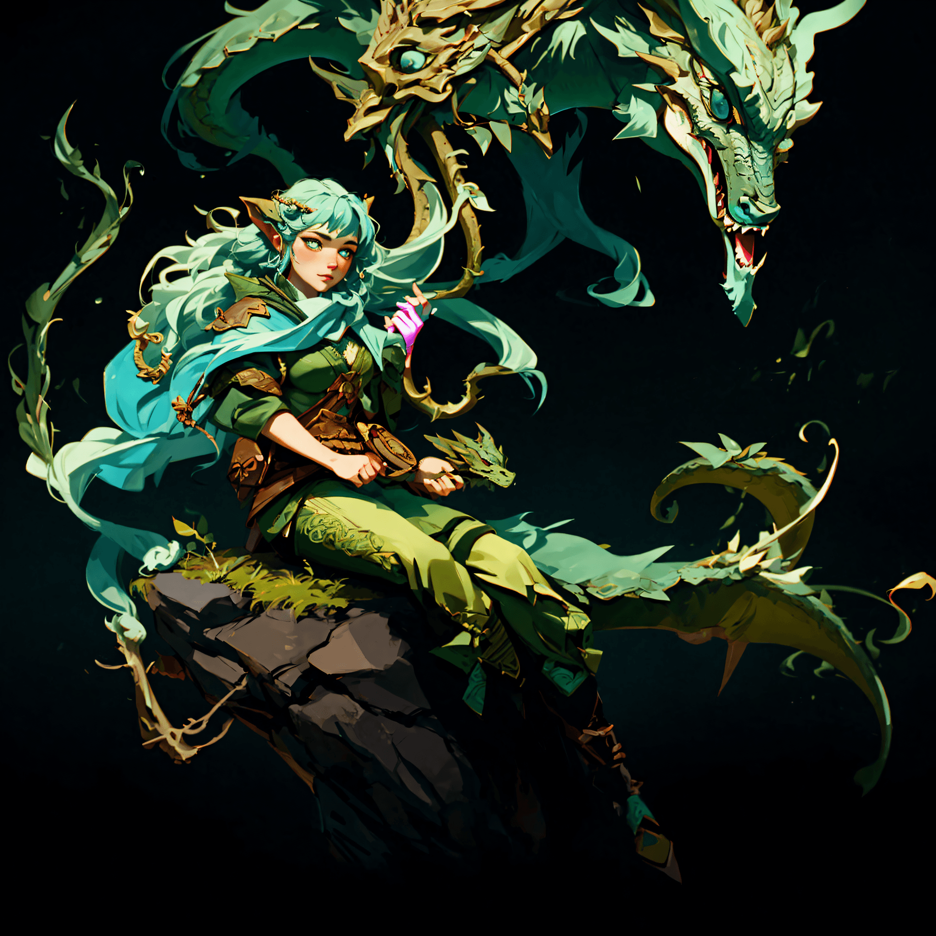 AI generated: a woman sitting on a rock next to a dragon in the woods with her head turned to the side, Clint Cear...