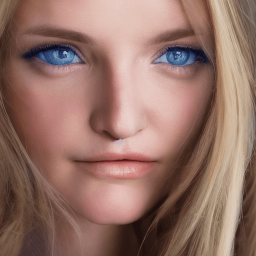 AI generated: A close-up portrait of a woman with blonde hair and blue eyes, facing the camera directly. Soft side...