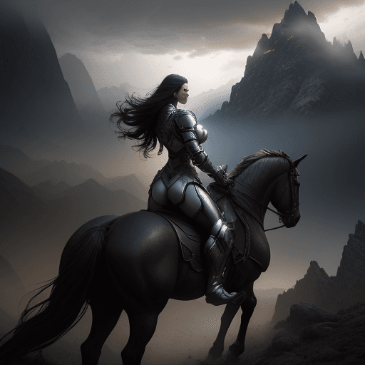 AI generated: epic shot of woman with light armor riding a horse, background mountains, epic extreme long shot, da...
