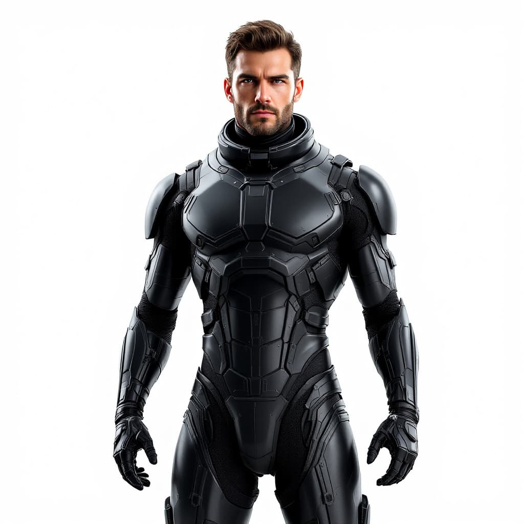 AI generated: 3D rendering of a man in a black exosuit