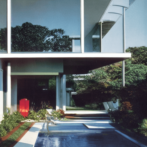 AI generated: Hyper realistic eye level exterior photo of a mid century modern style house overlooking the ocean, ...