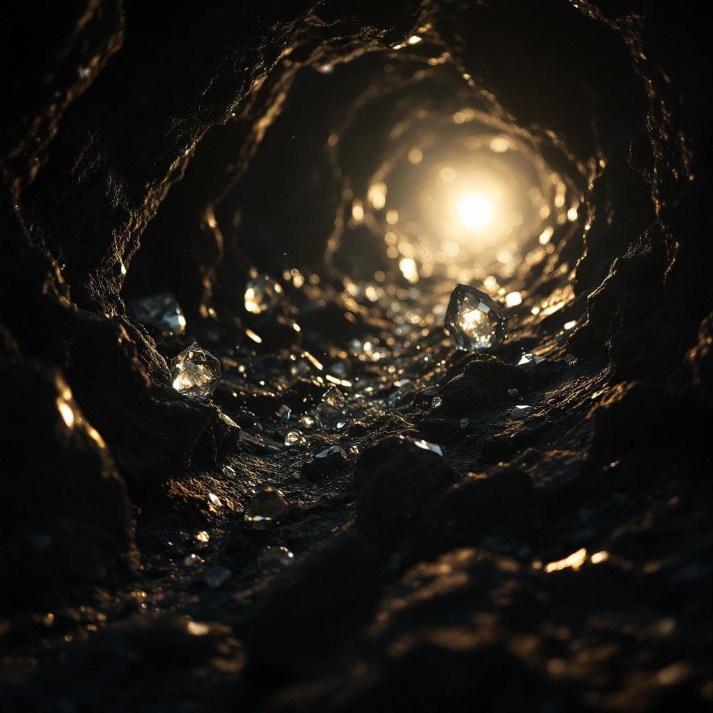 AI generated: photographic, ultrarealistic, ubsurdres, close up of a pitch black cavern, filled with sparkling  cr...