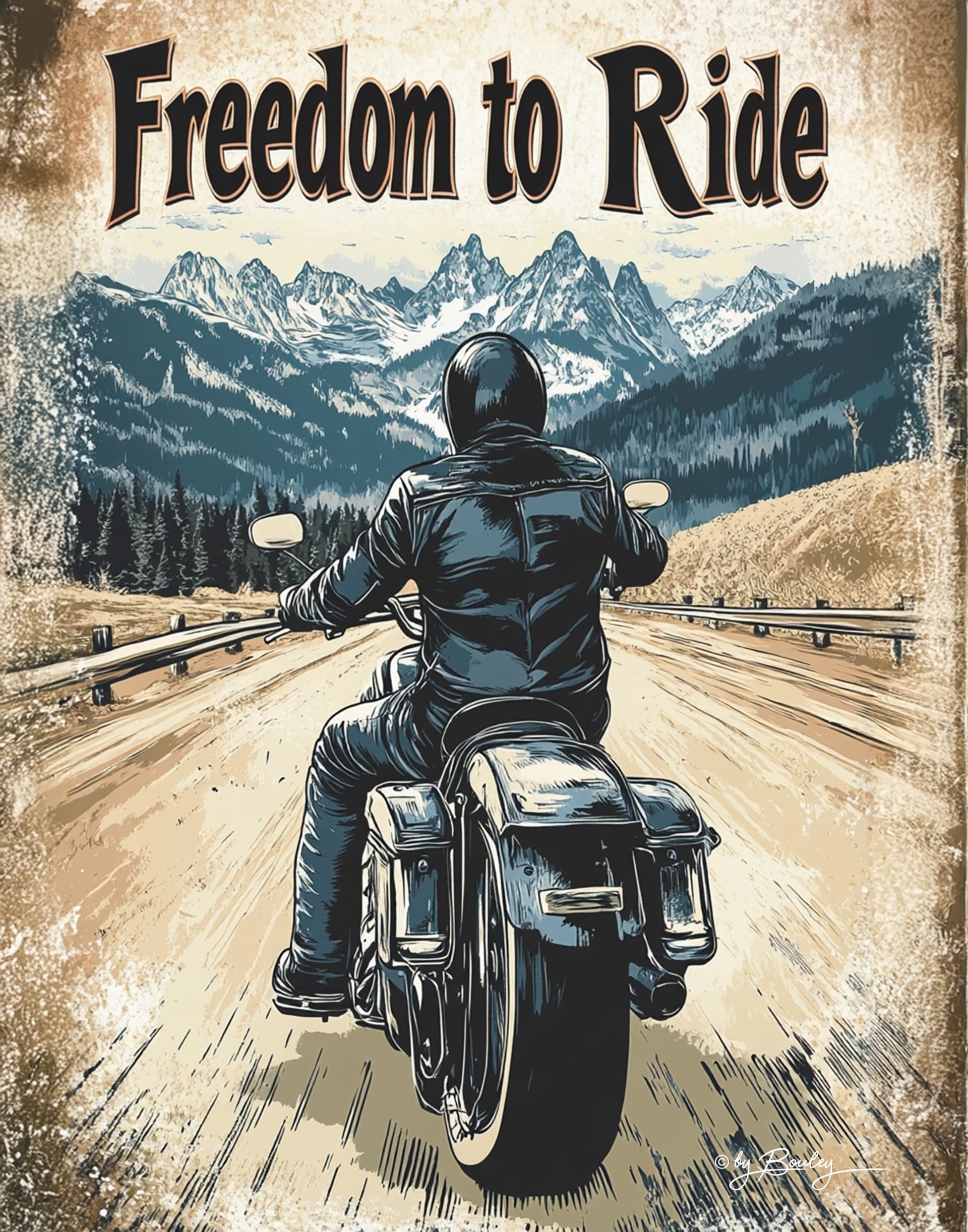 AI generated: Design a vintage-inspired print featuring a man riding a classic motorcycle on a long, winding road ...
