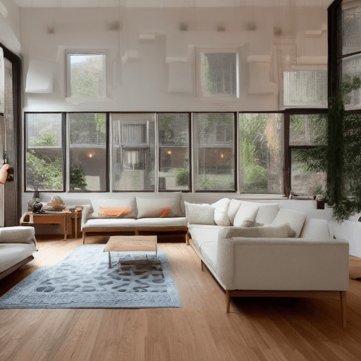 AI generated: High resolution photography interior design, dreamy sunken living room conversation pit, wooden floo...