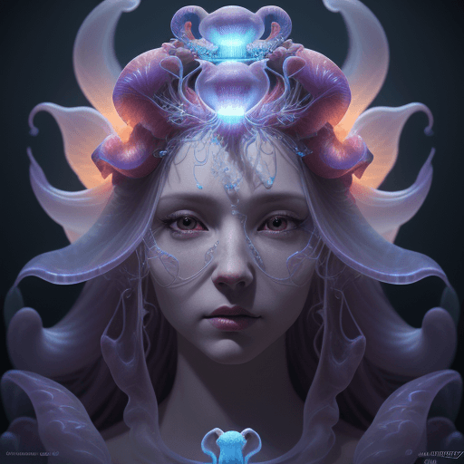 AI generated: Goddess close-up portrait ribcagel. jellyfish phoenix head, nautilus, orchid, skull, betta fish, bio...