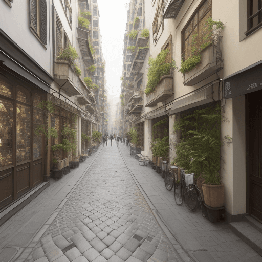 AI generated:  urban space, all constructed elements only on columns, a lot of nature, plants and trees appearing ...