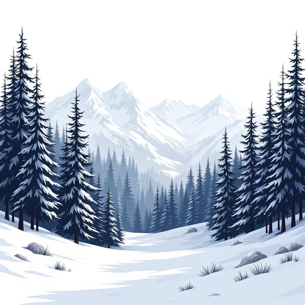 AI generated: a black and white flat vector snowy forest landscape, no mountains, just on a transparent canvas
