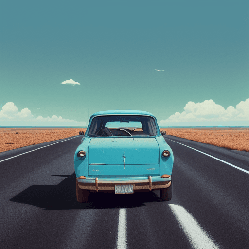 AI generated: Render a car, drawing inspiration from (Eglon van der Neer:0. 91). moving on the road in the middle ...