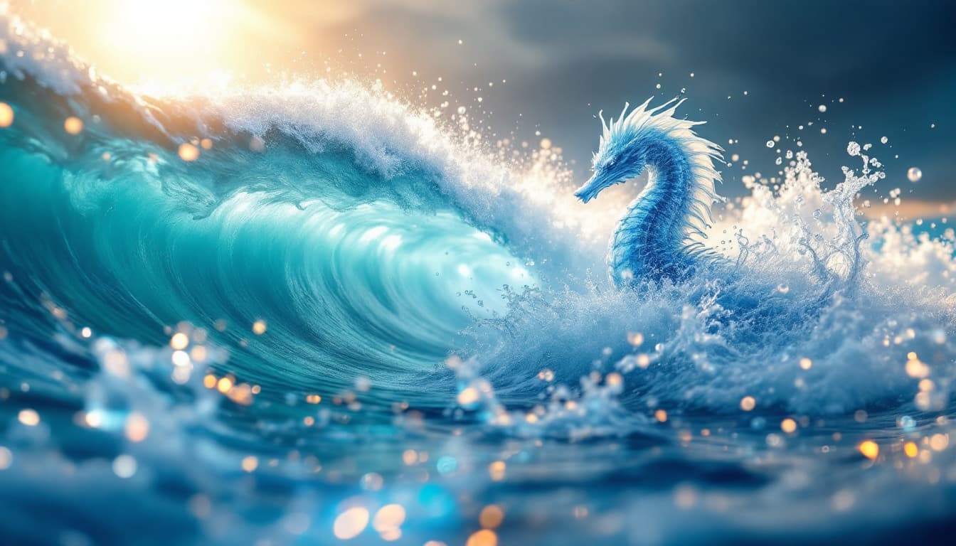 AI generated:     abstraction of multiple giants,made of transparent water,  sea horses,  ocean wave ,with sea foa...