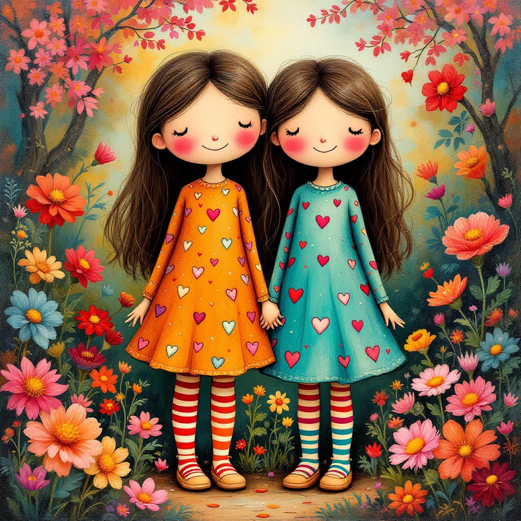AI generated: Two whimsical girls (age:1.1, ethnicity:1.5), standing side-by-side in a vibrant garden, (detailed c...