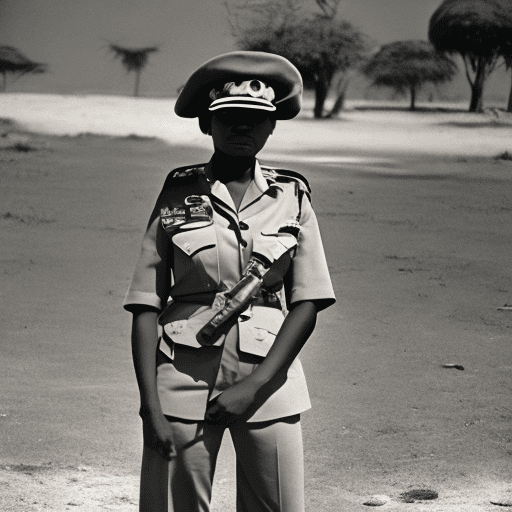 AI generated: photography, mozambican woman josina machel in uniform, full body shot, Minolta Hi-Matic 7SII, photo...