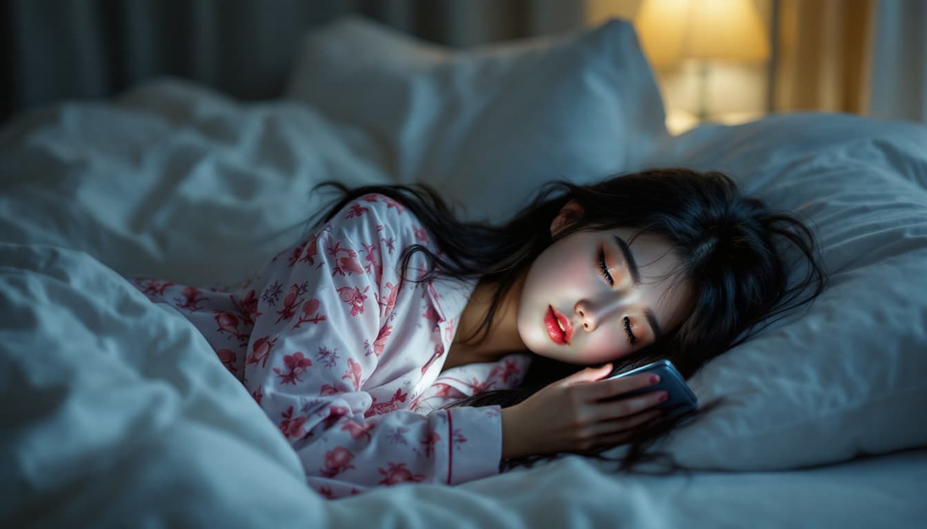 AI generated: Full body photo of Risa, a Japanese girl, wearing a pajama, Make a solemn expression in the midnight...