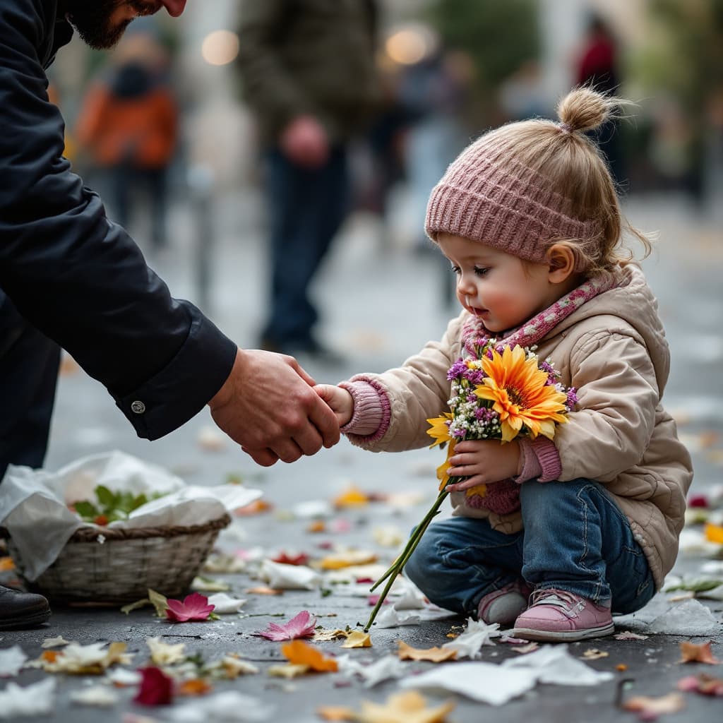 AI generated: High resolution photography of  a child donating a flower to putin