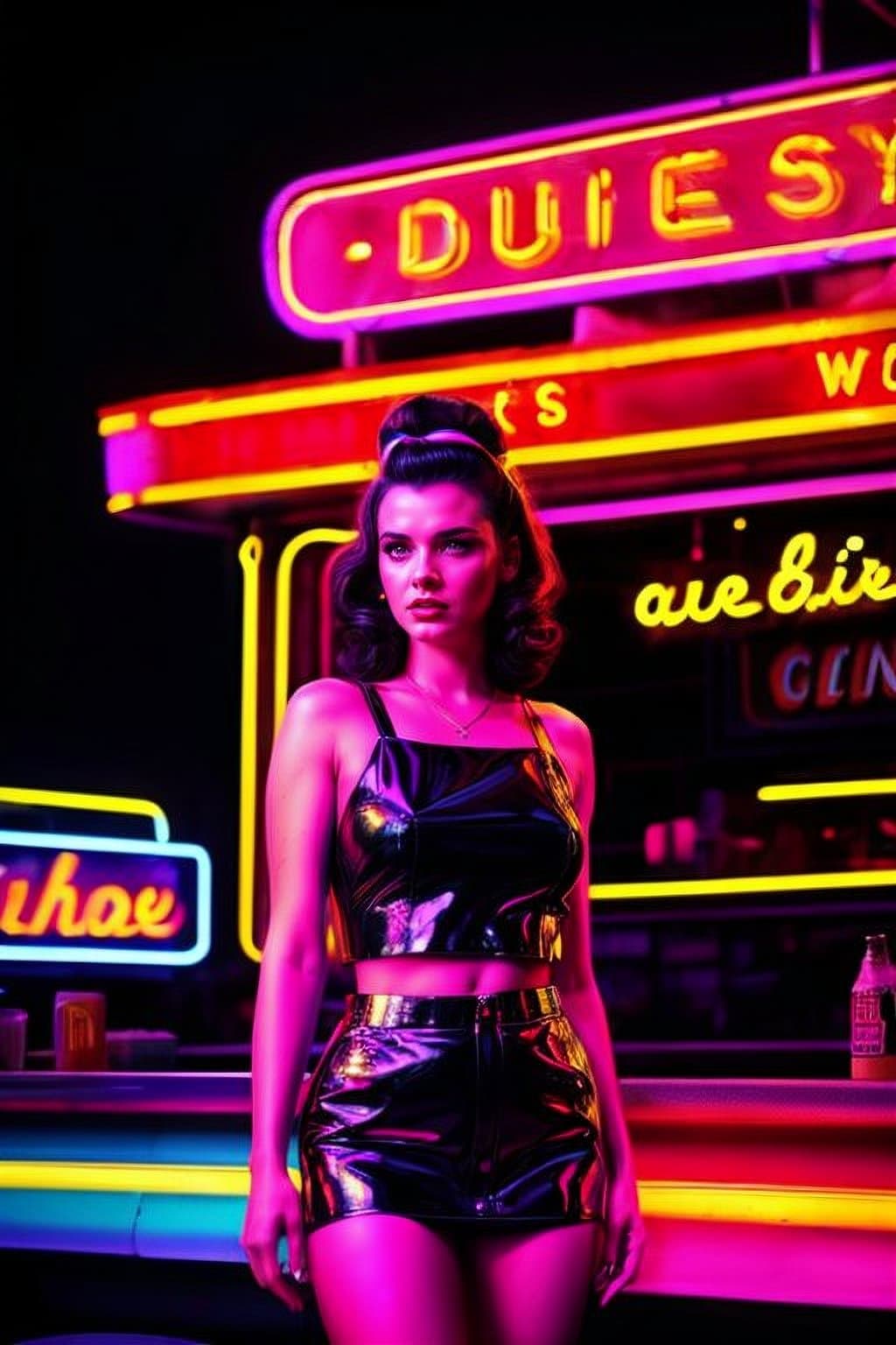 AI generated: award winning cinematic photo of woman standing outside a 50s diner, neon signs, neon light, rainbow...