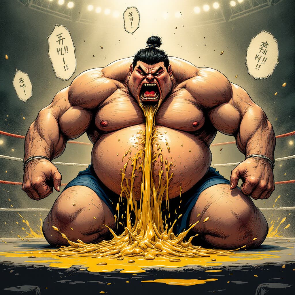AI generated: A massive sumo wrestler with a face like Kenshiro, extremely muscular, bloated translucent stomach, ...