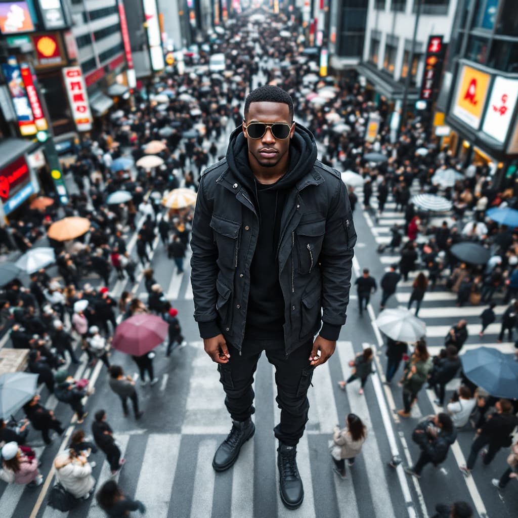 AI generated: Photography, high aerial view, african american model, aviator sunglasses standing on massive a comp...