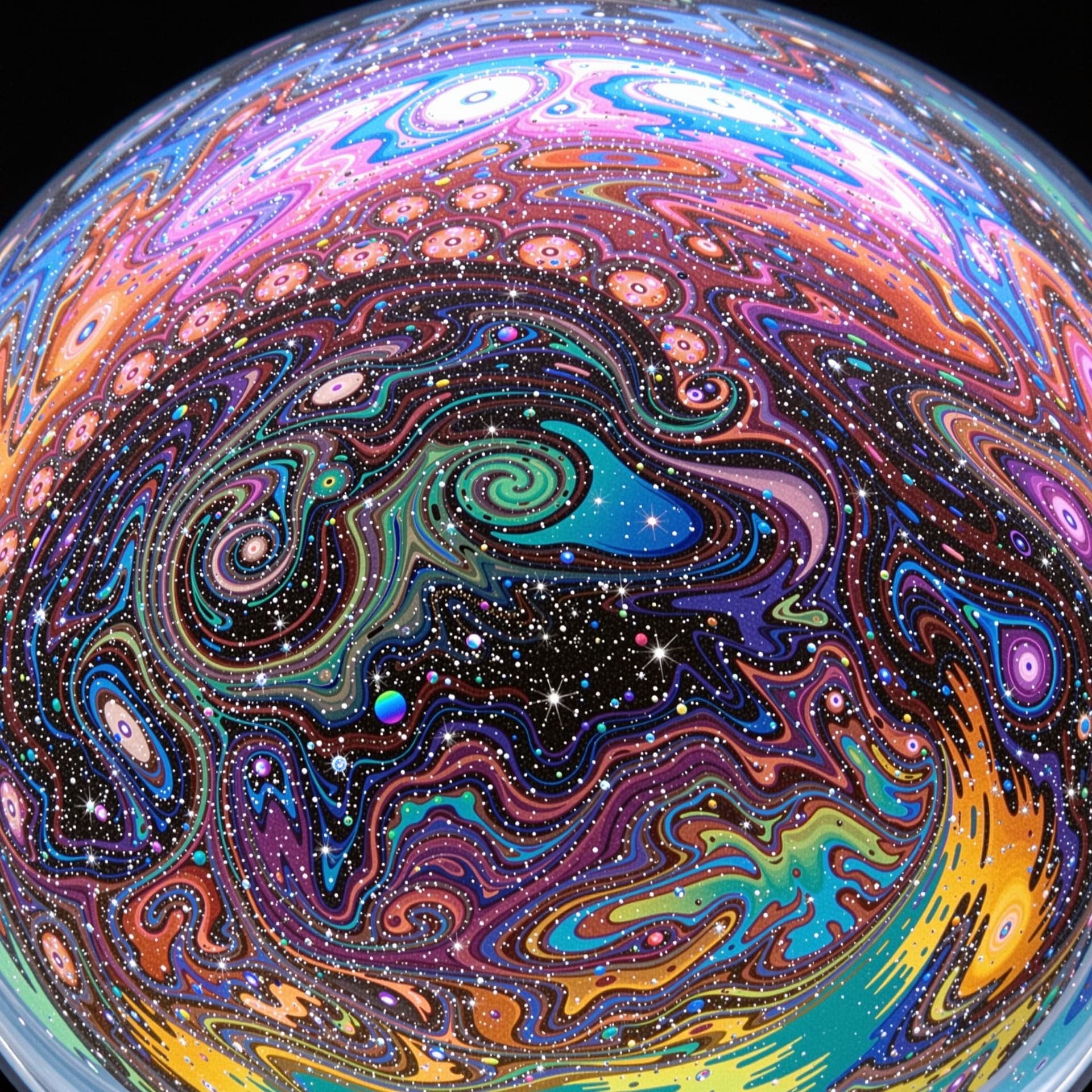 AI generated: Hyper-detailed macro photograph of a soap bubble's iridescent surface, revealing swirling universes ...