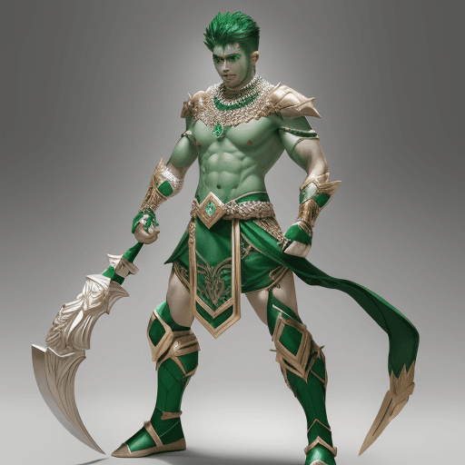 AI generated: A fighter boy,fury,Emerald jewelry,epic armor, wapone,white skin,full body,power macel