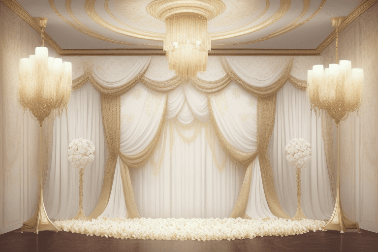 AI generated:  Digital background featuring luxurious drapery with floral wall hangings and curved mirror, parquet...