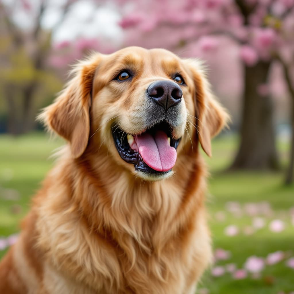 AI generated: a happy real golden retriever dog in the park
cherry blossom