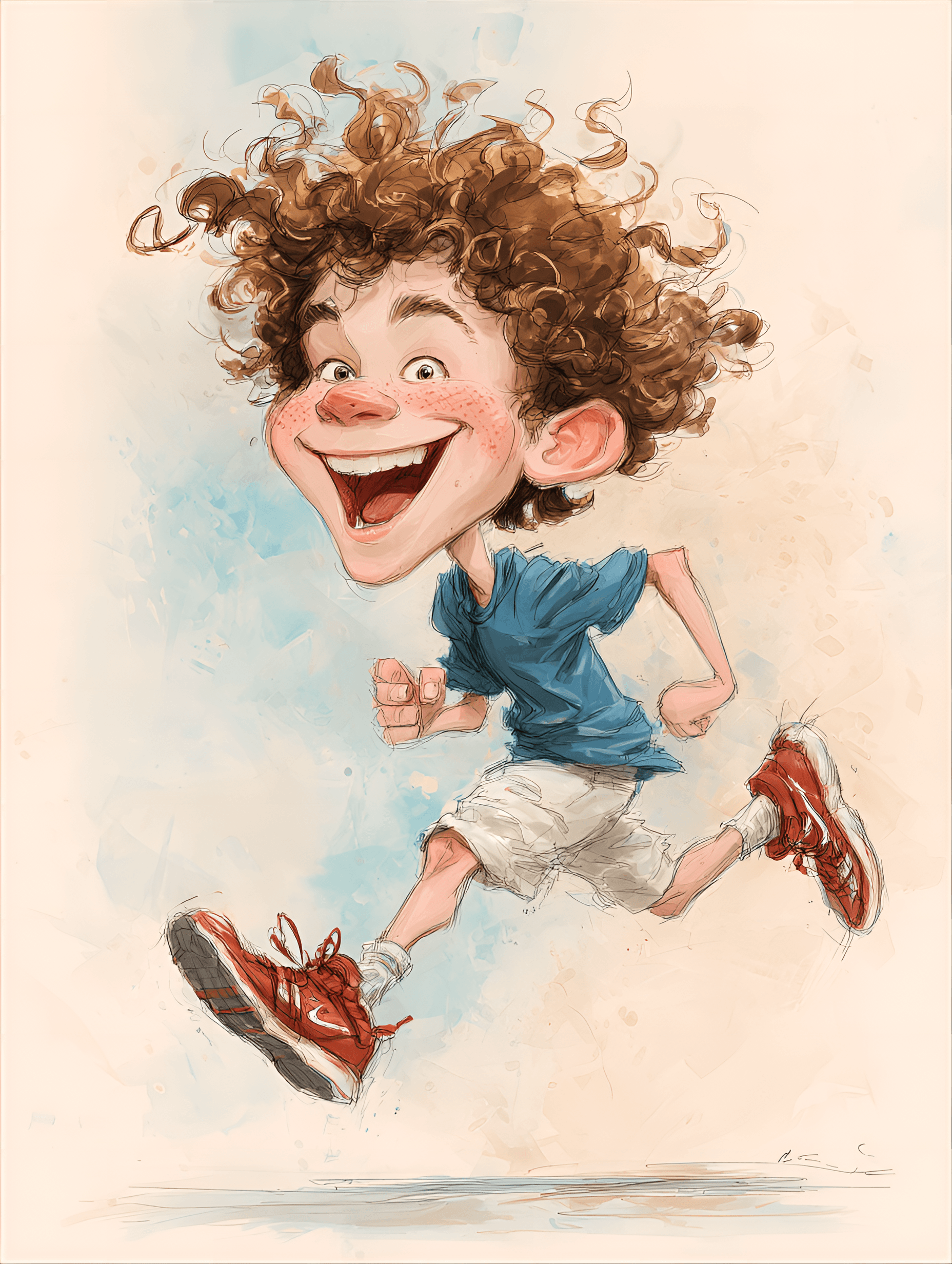 AI generated: funny caricature, energetic boy caricature, juvenile cheerful male, 7 years old, curly hair, freckle...