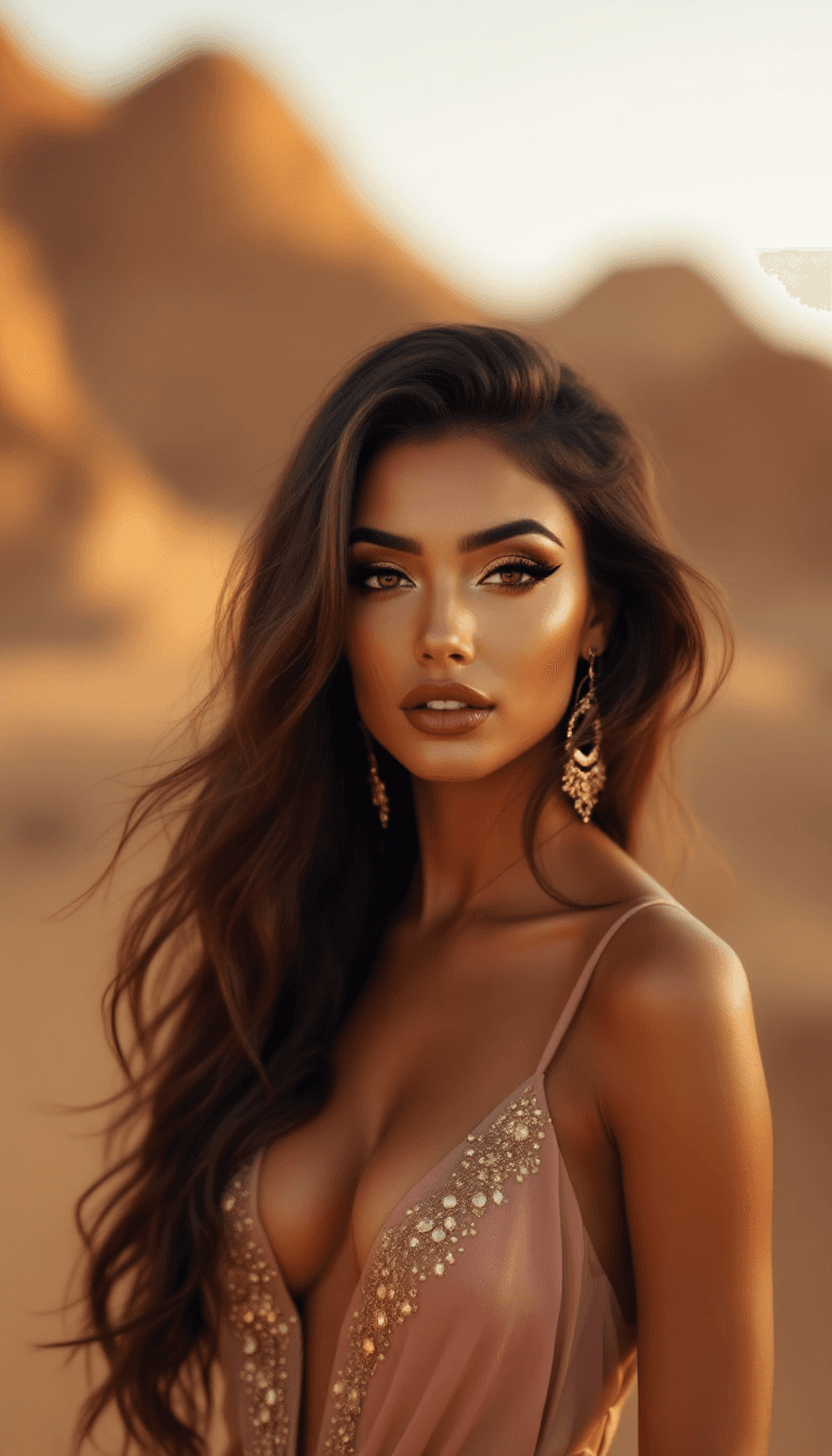 AI generated: /imagine prompt: A gorgeous Middle Eastern woman with warm olive skin, hazel eyes, and long wavy bro...