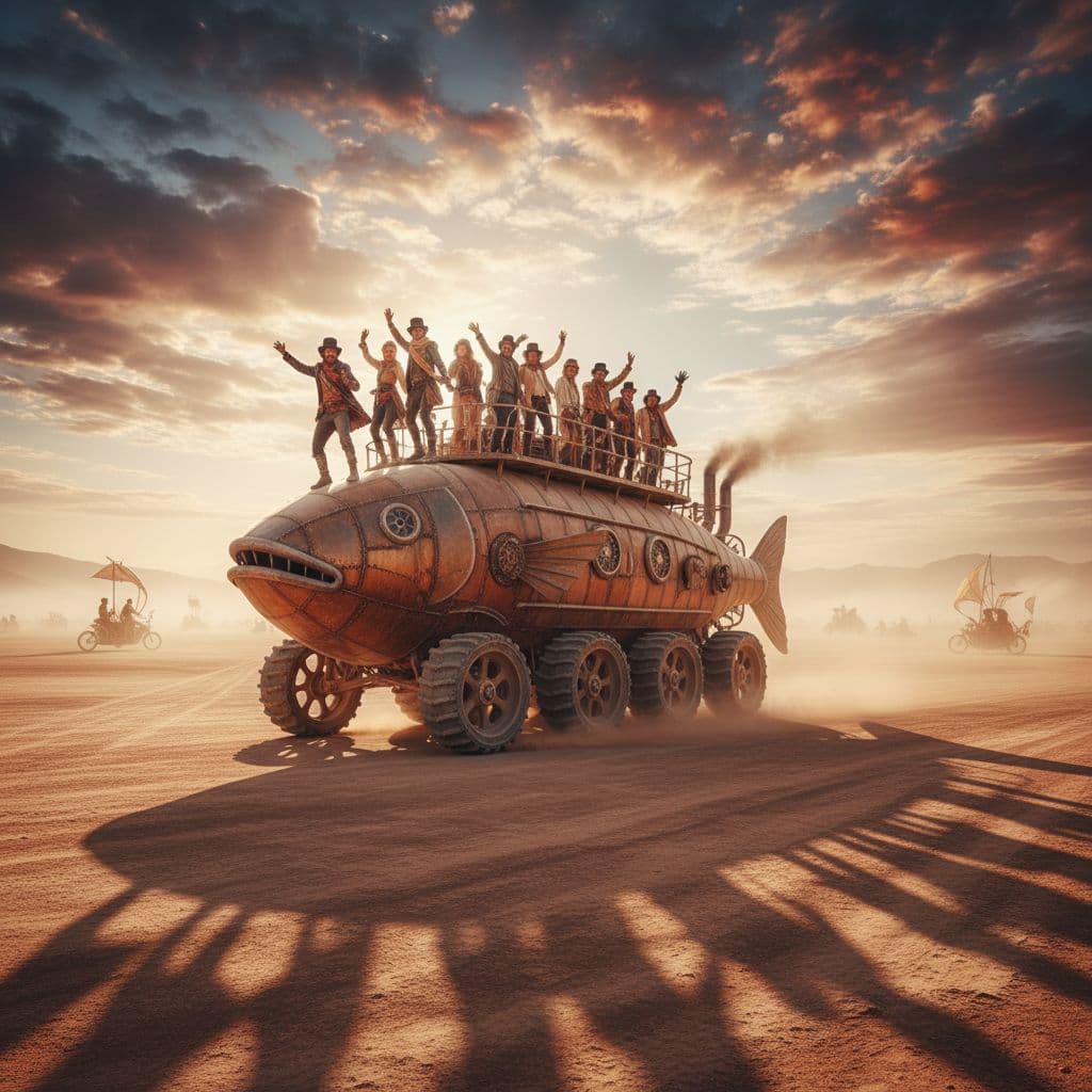 AI generated: A dusty, sunlit desert landscape stretches beneath a dramatic sky filled with textured clouds, setti...