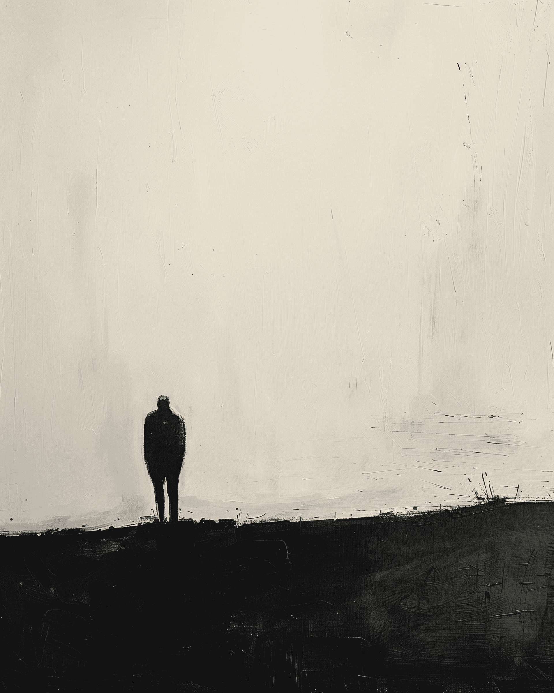 AI generated: A man stands in the distance, a black silhouette, against a white background, in the style of Moulto...