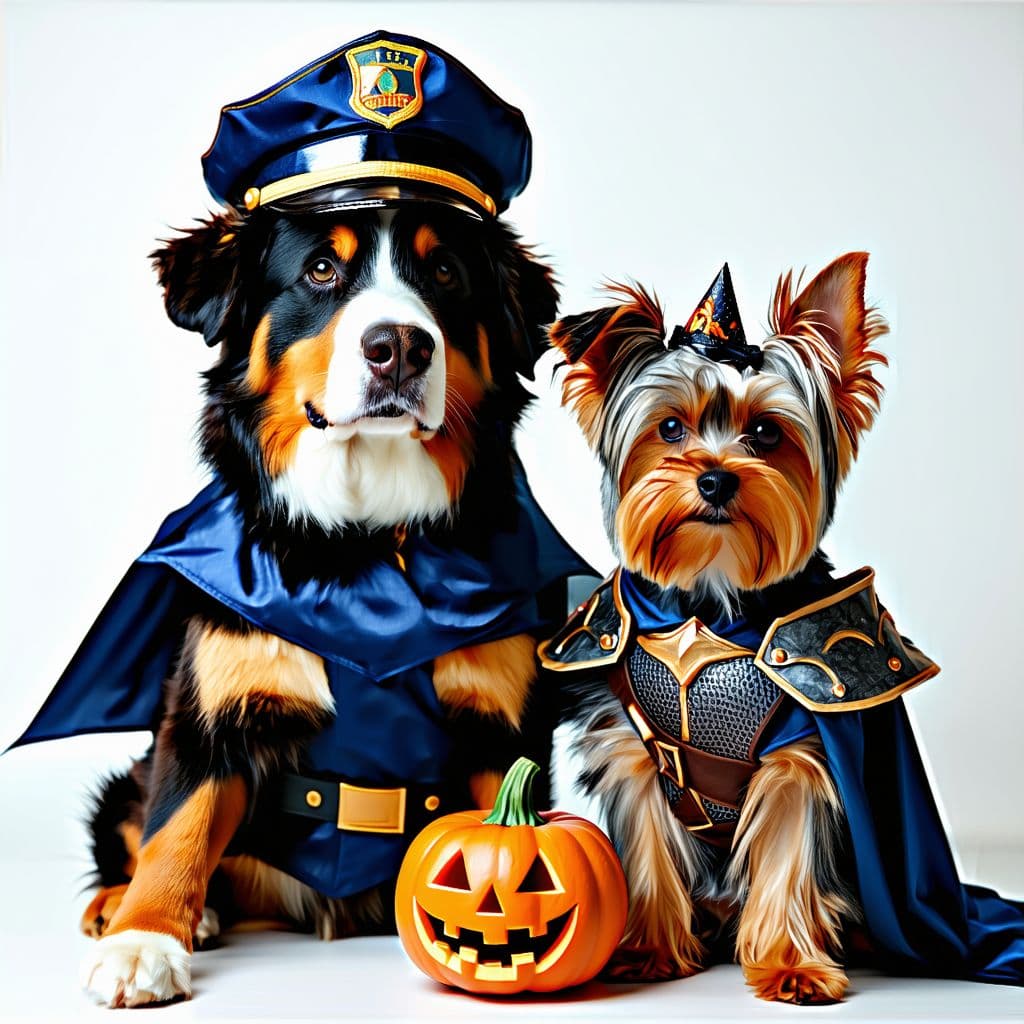 AI generated: Create a highly detailed photograph of a much bigger Bernese Mountain Dog and a Yorkshire terrier dr...