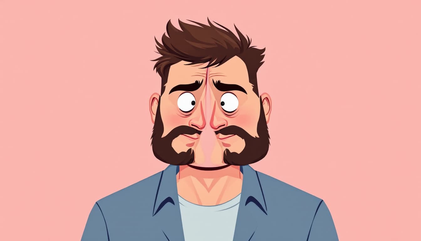 AI generated: a man, he has two heads instead of one, and the heads are looking at each other. animation style