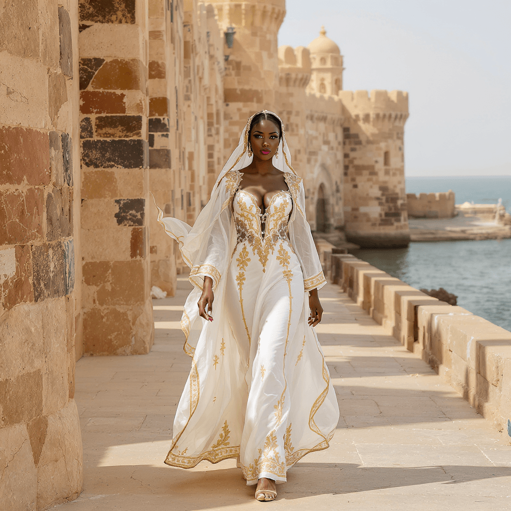 AI generated: An elegant portrait of an African American woman in a traditional Bahraini Thobe, in the historic Ba...