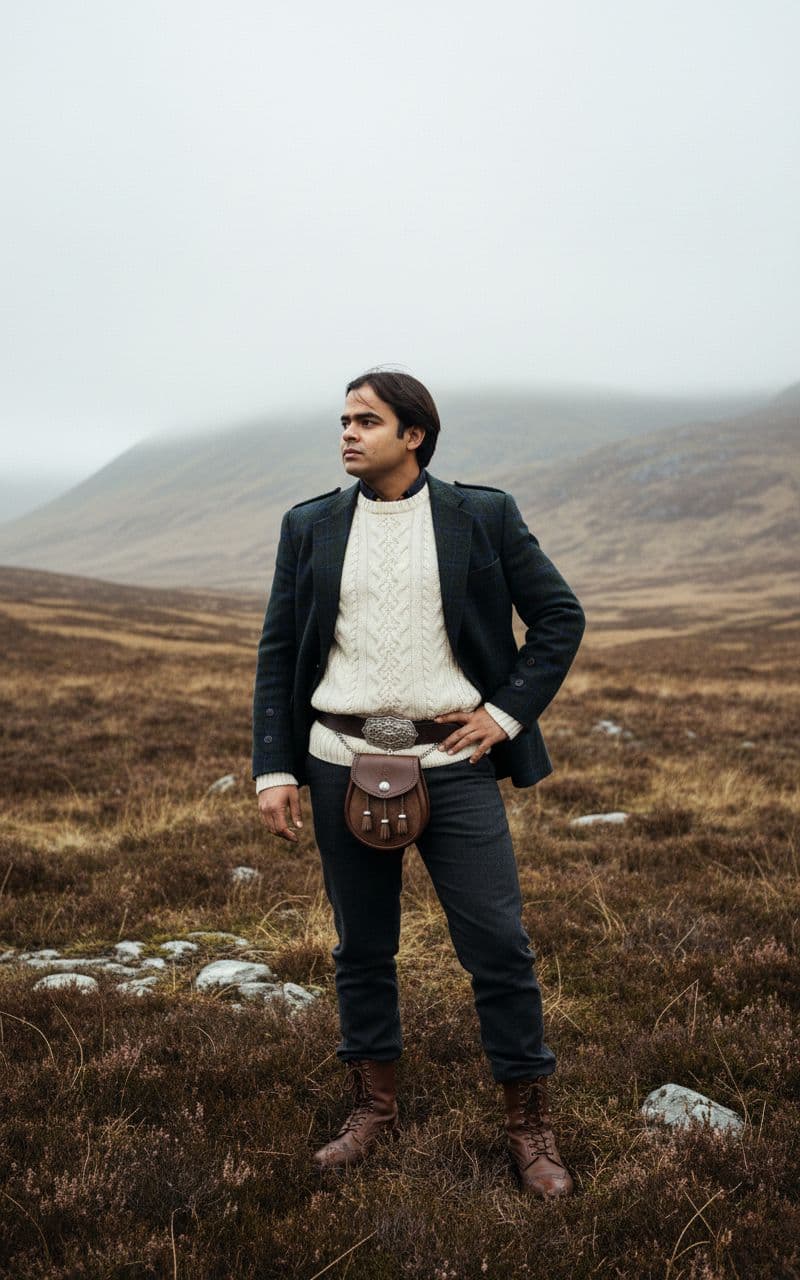 AI generated: (Highland Heritage):
Subject: A proud late-20s man. Clothing: Harris Tweed jacket (dark green/blue ...