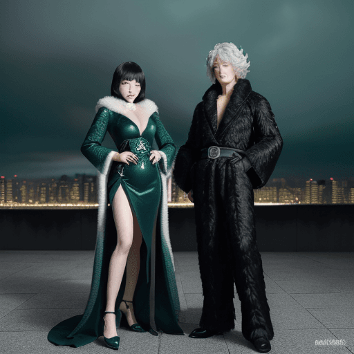 AI generated: Fubuki and Tatsumaki standing side by side, highly detailed, dynamic poses, Fubuki in her elegant bl...