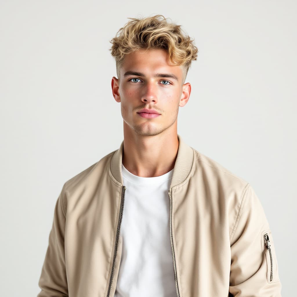 AI generated: Photo of a young handsome white man, 26 years old, short curly blonde hair, clean-shaven, light skin...
