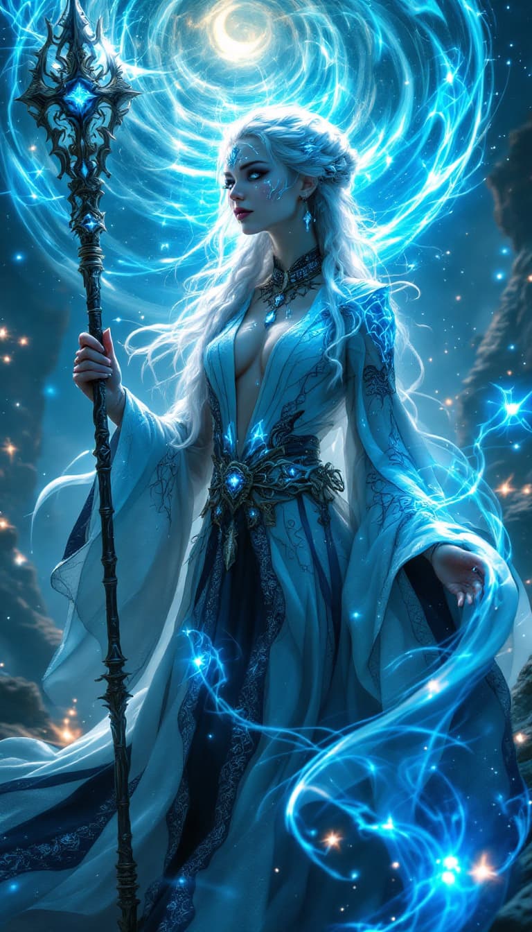 AI generated: An ultra-realistic, full-body action shot of a captivating cyan sorceress woman, exuding magical pro...