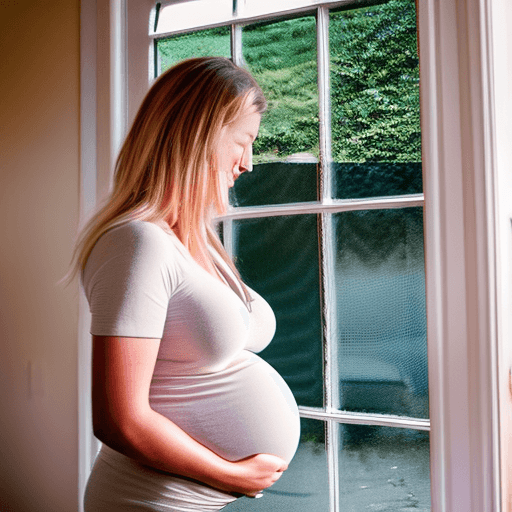 AI generated: healthy pregnant woman wearing a short top and jeans, holding belly, beautiful pregnant woman, mater...
