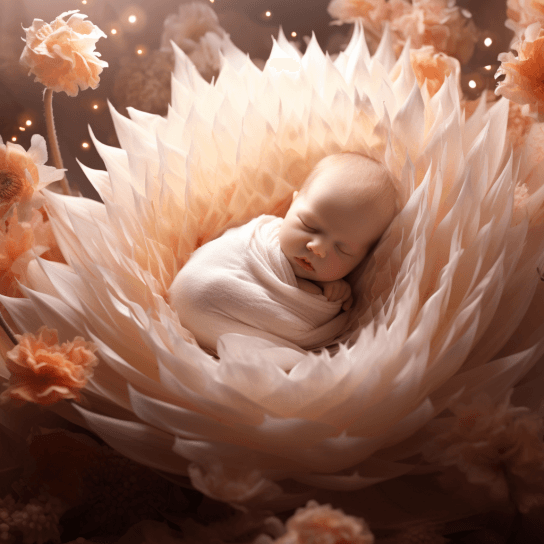 AI generated: A small perfect newborn human baby. Fast asleep inside a giant flower. Photorealistic. Soft lighting...