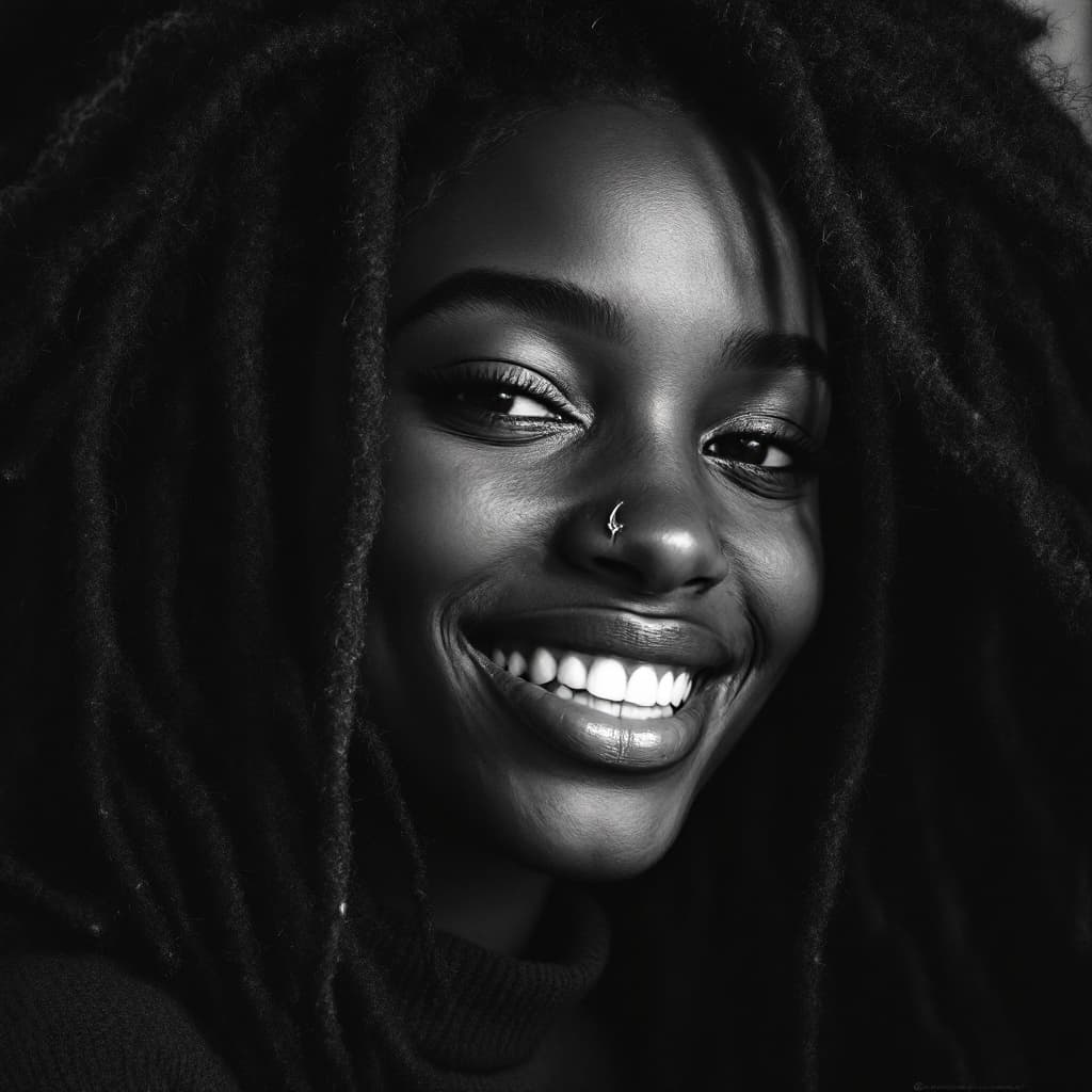 AI generated: A BLACK 23 Year old girl who works in data. Oval head with sunken eyes. full lips with bottom lip bi...