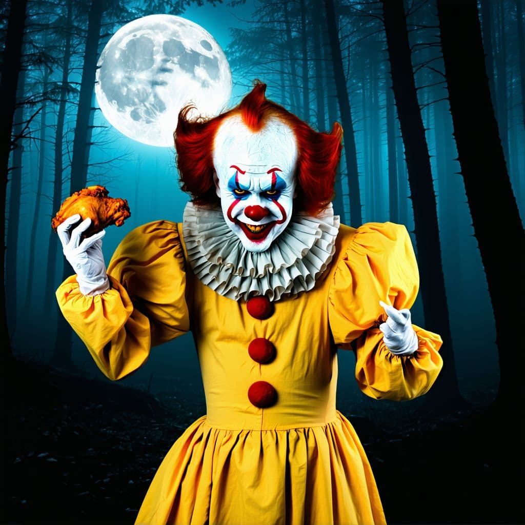 AI generated: "A creepy clown with red hair, white face paint, blue eye makeup, and a red nose, standing in a dark...